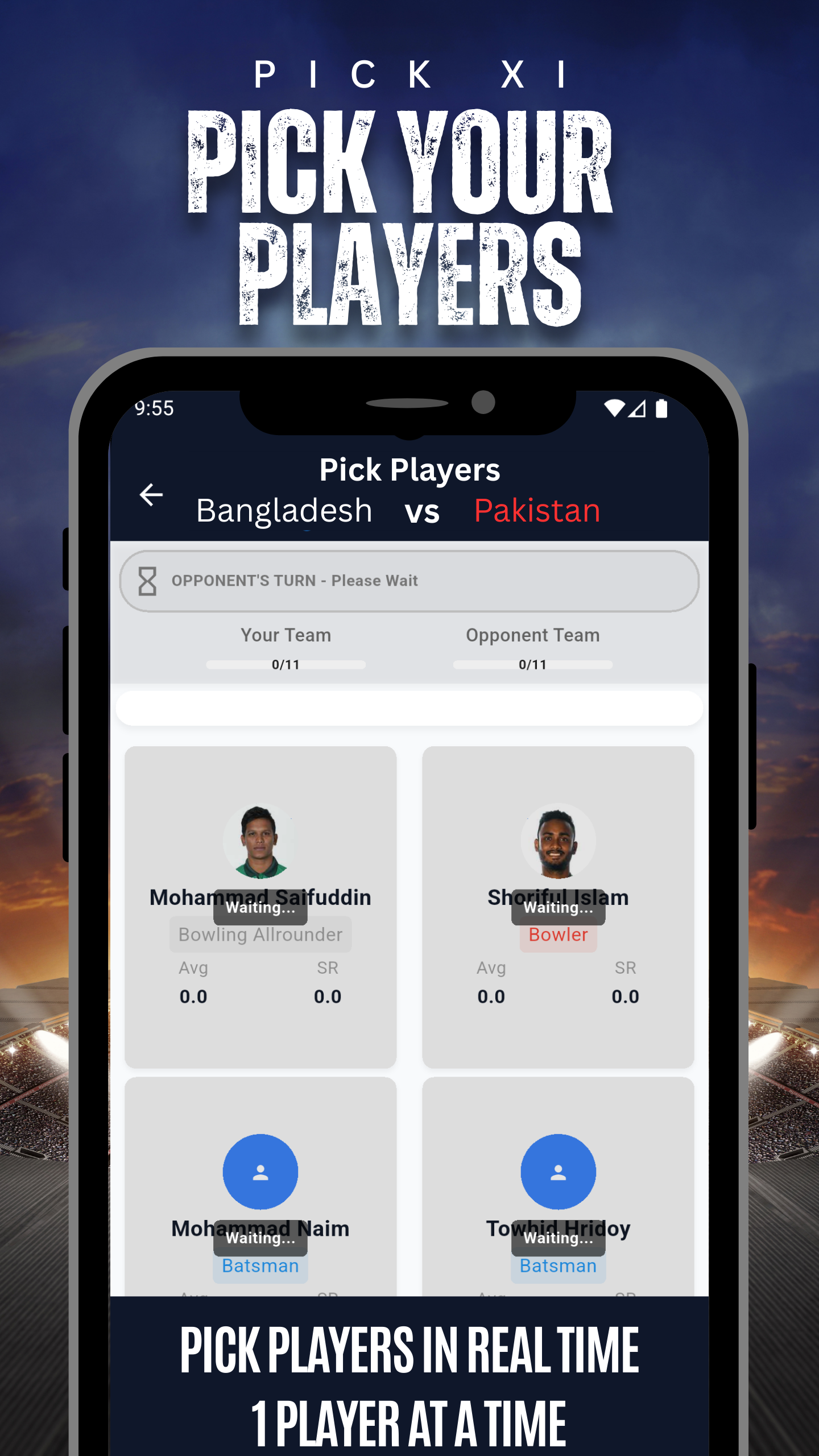 PickXI Live Draft Interface showing real-time player selection